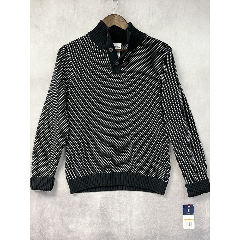 IZOD Boys Sweater Size L 14/16 Black White Mock Neck Birdseye Dark Academia